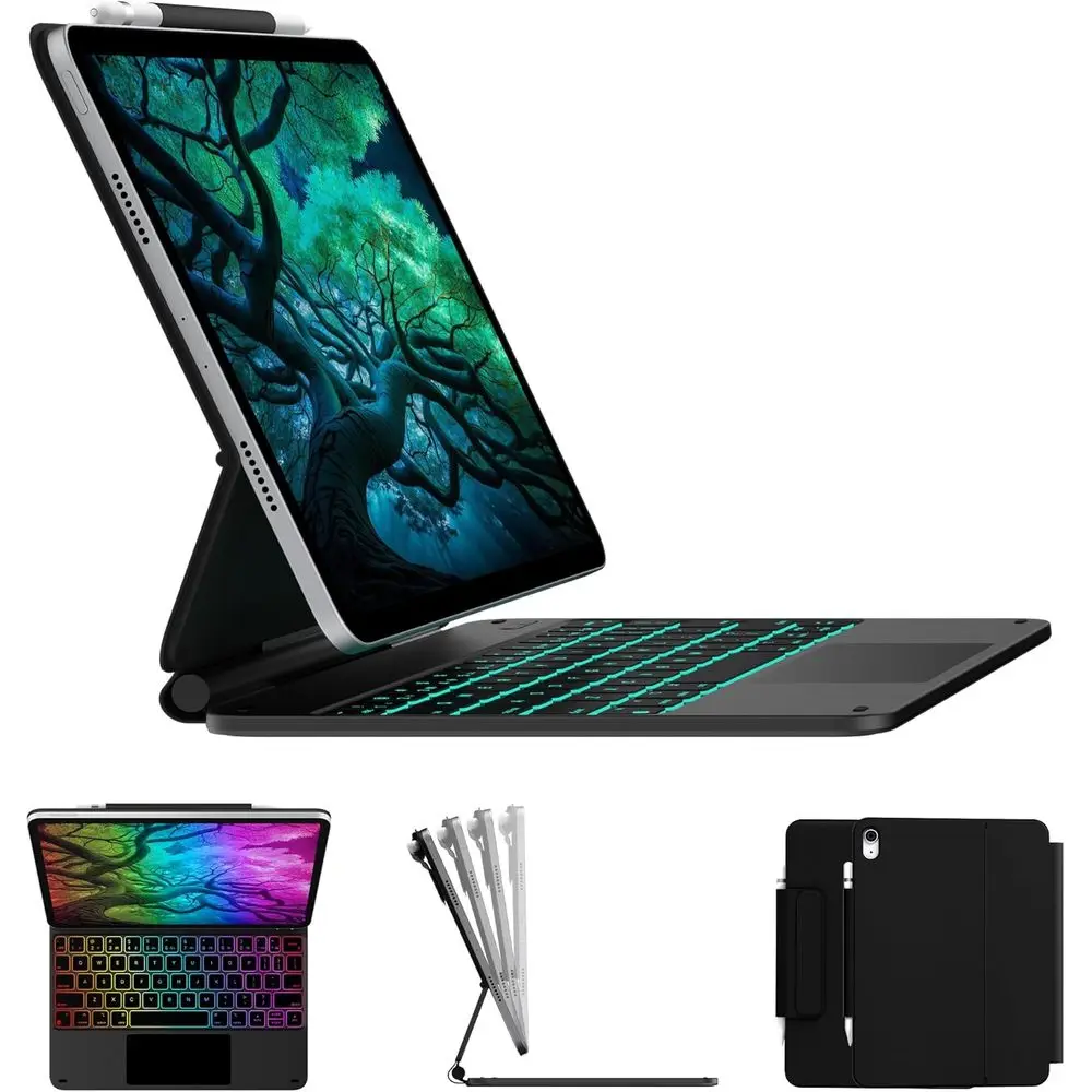 11th Gen iPad with 10.9 Multi-Touch Trackpad Keyboard Case, 11-Color Backlit, Floating Stand, Pencil Holder - Black