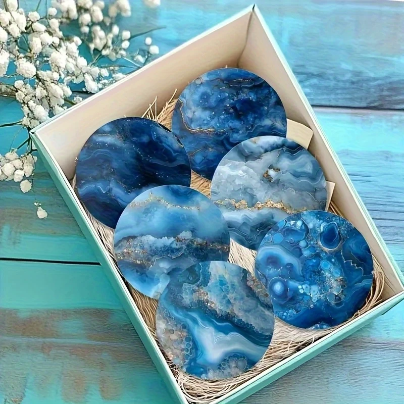 Retro Dreamy Blue Marble Pattern Wooden Coasters 2D Anti-Slip Tabletop Protecting Art Decorations Home Coffee Shop Bar Gifts