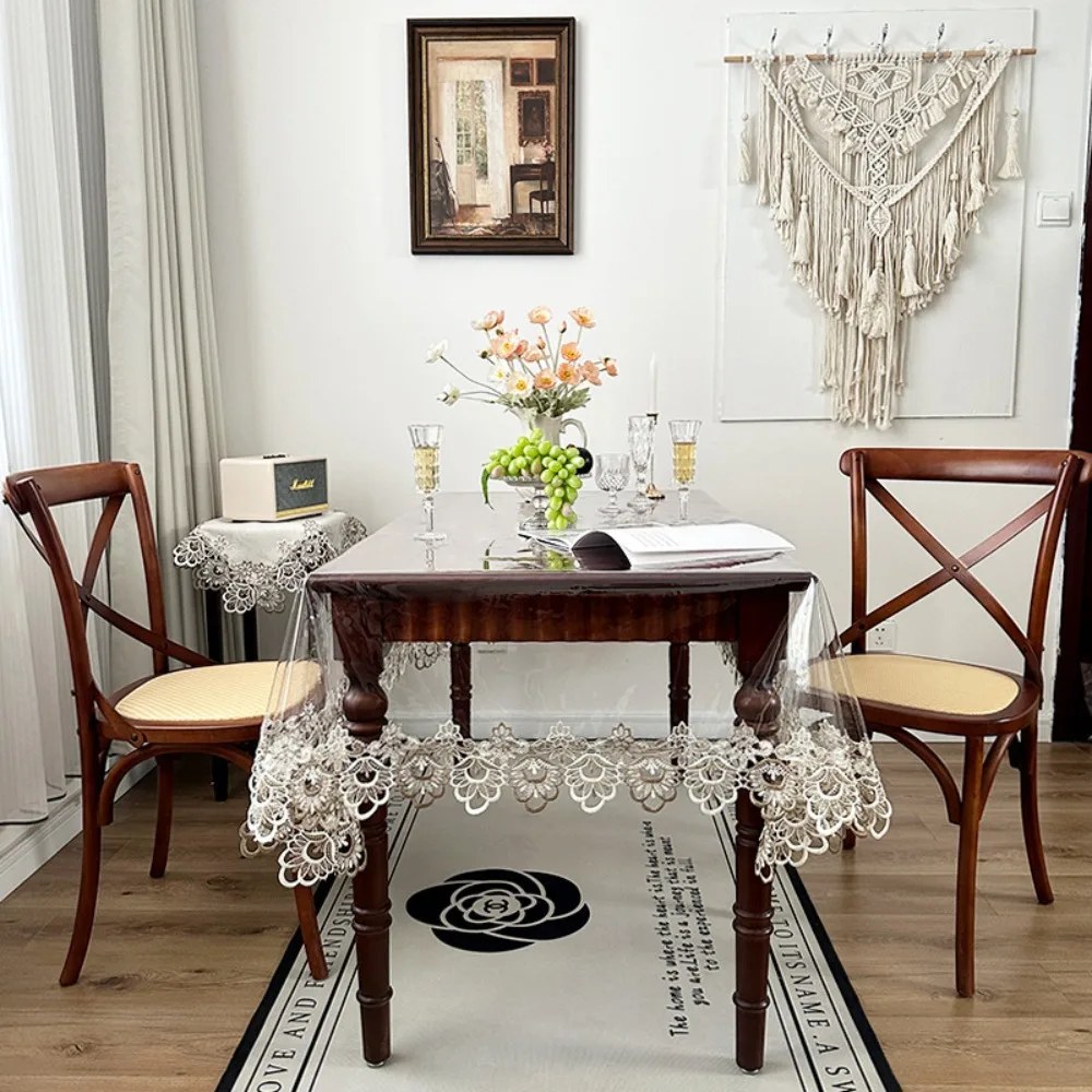 Practical Waterproof PVC Tablecloth Oil Proof European Style Dining Table Cover Transparent Lace Embroidered Table Runner Party