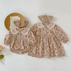 Korean Style Sister Clothes Kids Party Dress Baby Girls Rompers Floral Printing Long Sleeve Autumn Spring Girls Princess Dress