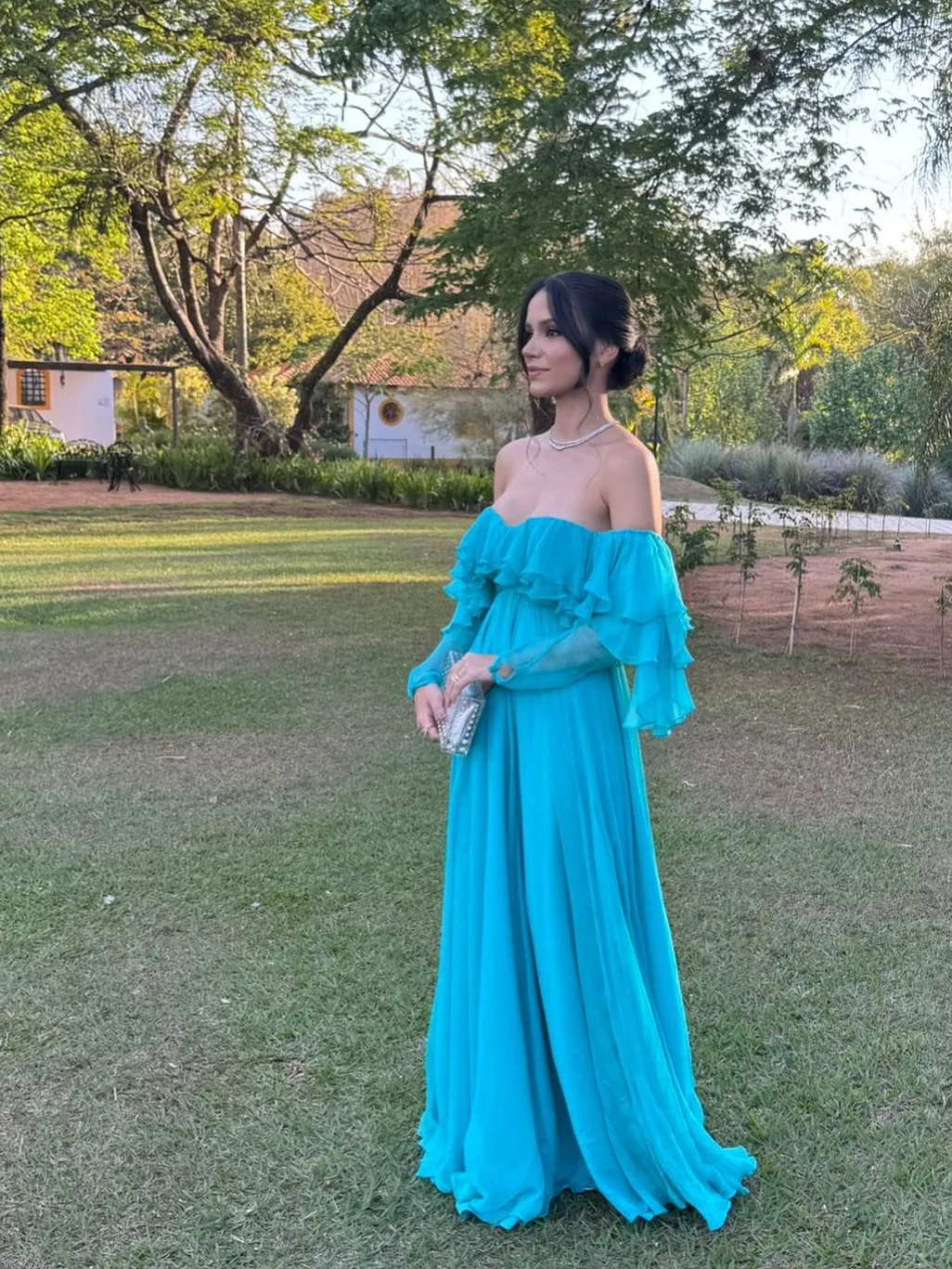 Mulheres fora do ombro chiffon plissado manga maxi vestido verão elegante azul festa de verão vestidos babados em camadas vestido formal