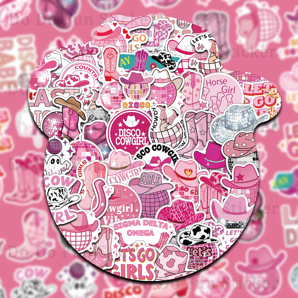 50 Uds. De pegatinas de vaquera de discoteca rosa modernas a la moda de dibujos animados, botas artísticas impermeables de PVC, lámpara, bola, sombrero de vaquero, libro creativo DIY para ordenador portátil