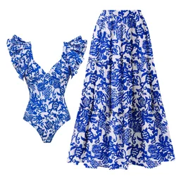 Flaxmaker Retro Ruffle Porcelain Pattern Women's Bikini Set One Piece Swimsuit Summer Luxury Women Swimwear Bathing Suit
