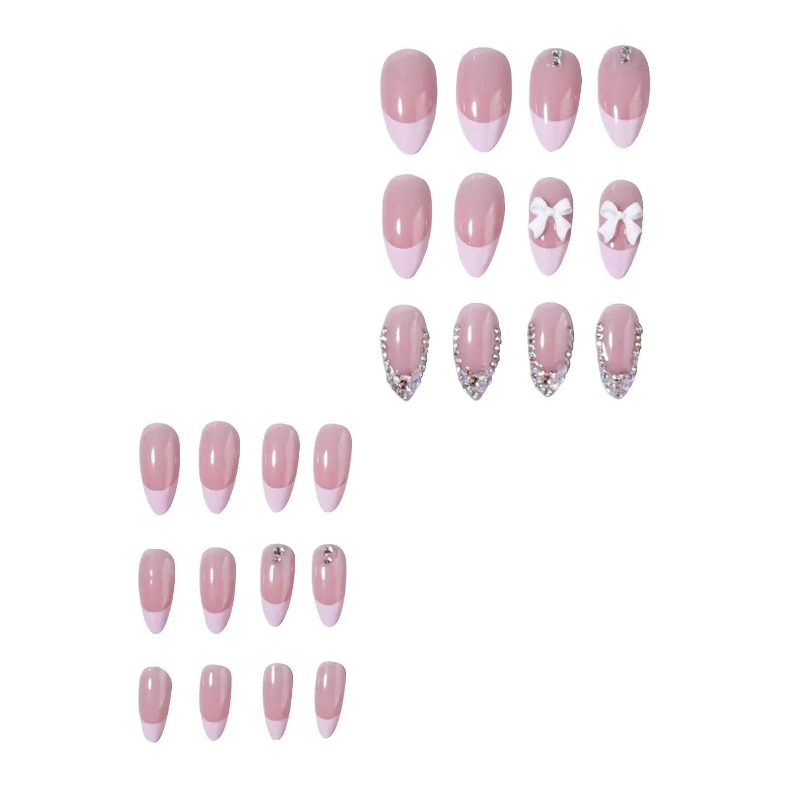 24 pçs curto amêndoa dicas de unhas falsas brilhante rosa dianond estilo francês imprensa em unhas 3d branco bowknots decoração doce unhas falsas