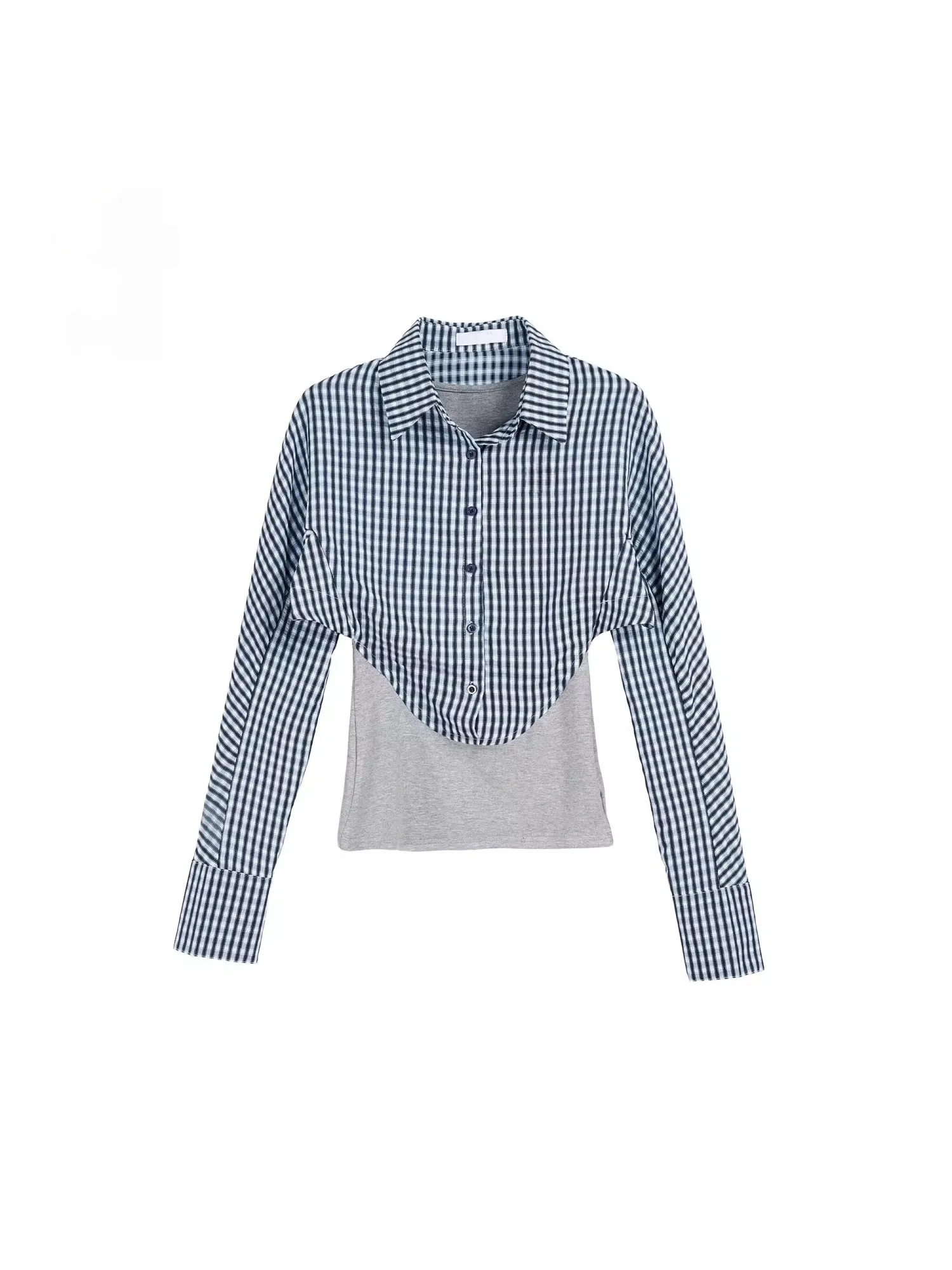 

Женская клетчатая рубашка весна-осень 2026: новая модель с длинным рукавом, утягивающая талию, универсальный дизайн, для офиса, имитация двухслойности