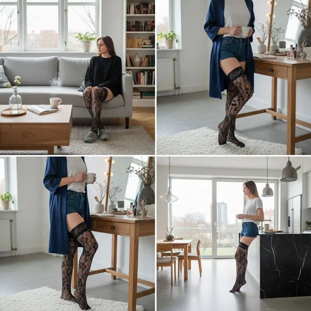 Wide Lace Trim Thigh High Stockings Sheer Rose Embroidery Over Knee Stockings Hollowed Jacquard Jacquard Long Tube Socks Women