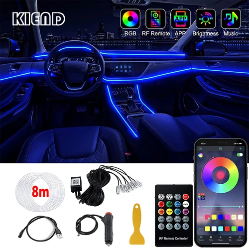 Imagen 1 del producto Tira de luces LED para Interior de coche, Kit de iluminación de neón de fibra óptica RGB con Control remoto por aplicación, lámparas decorativas automáticas