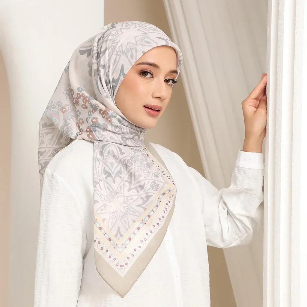 Foulard Hijab Carré en Coton Imprimé pour Femme Musulmane, Châle Islamique Doux, Bandeau de Sauna, 110x110cm