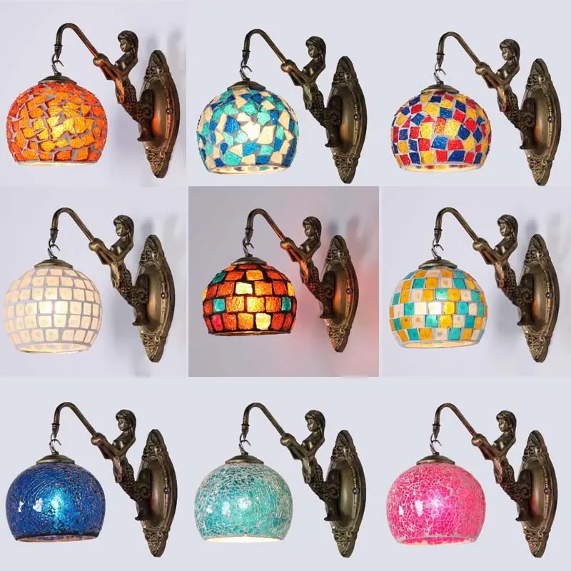 

Bohemian Retro Mermaid Mosaic Glass Ball Wall Lamp Restaurant Bedside Entrance Decoration Pure Handmade Wall Sconces Light