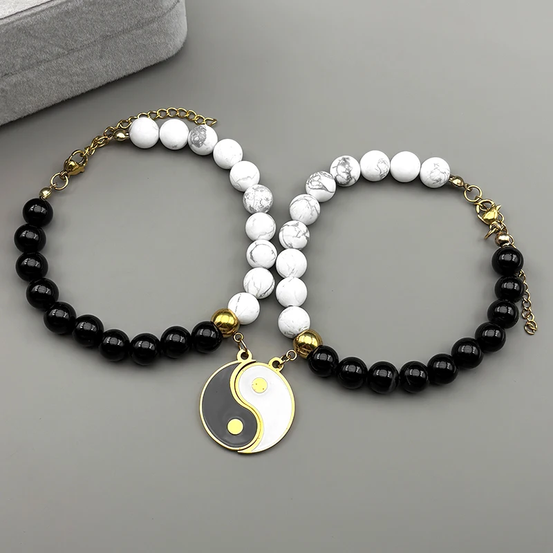 تاي تشي يين يانغ زوجين سلسلة للنساء الرجال الفولاذ المقاوم للصدأ أبيض أسود الخرز الصينية الفن الإيمان قلادة القلائد مجوهرات هدية #3
