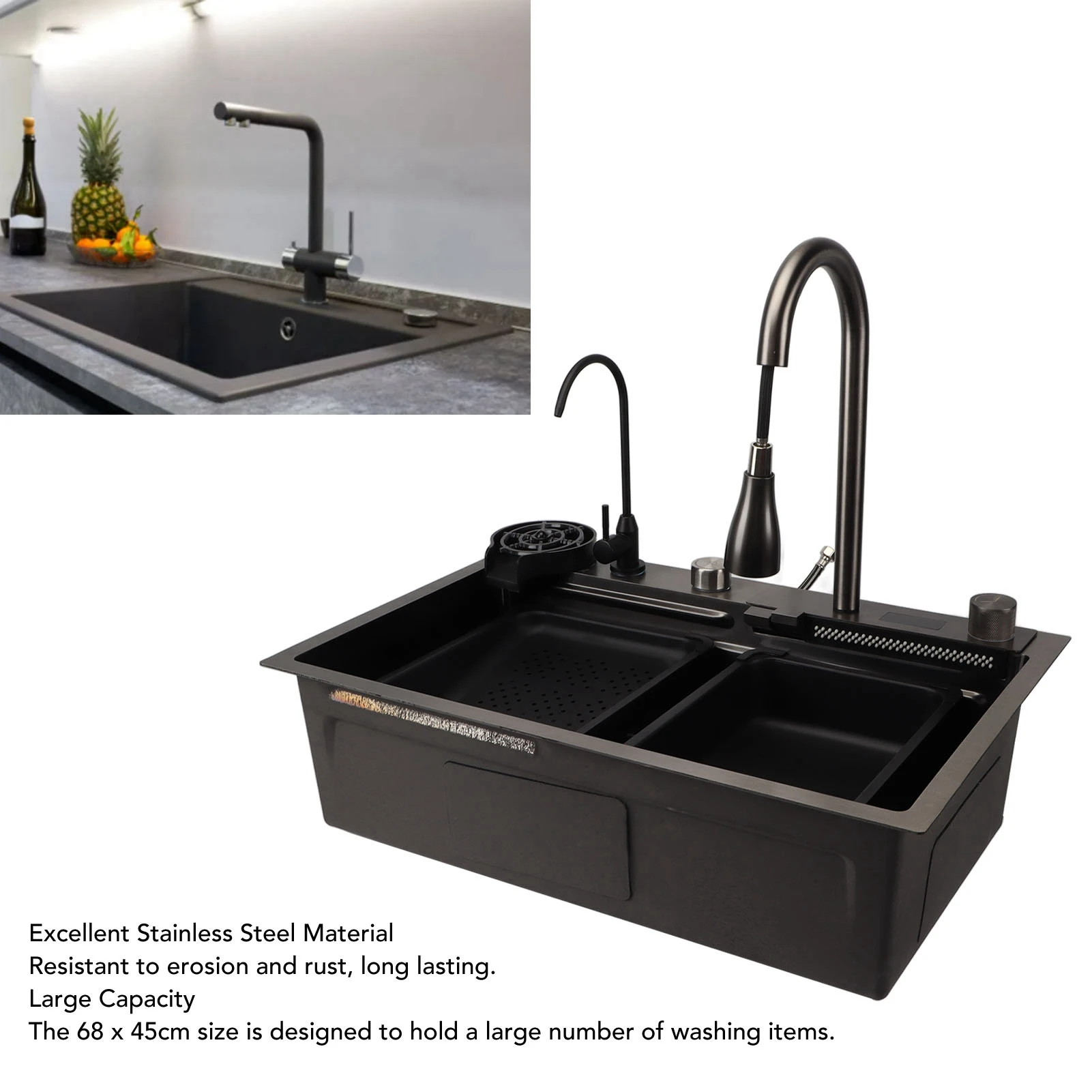 Fregadero de cocina debajo del mostrador, lavabo de 68x45cm de acero inoxidable grueso con pantalla Digital, fregadero bajo encimera, fregadero de cocina