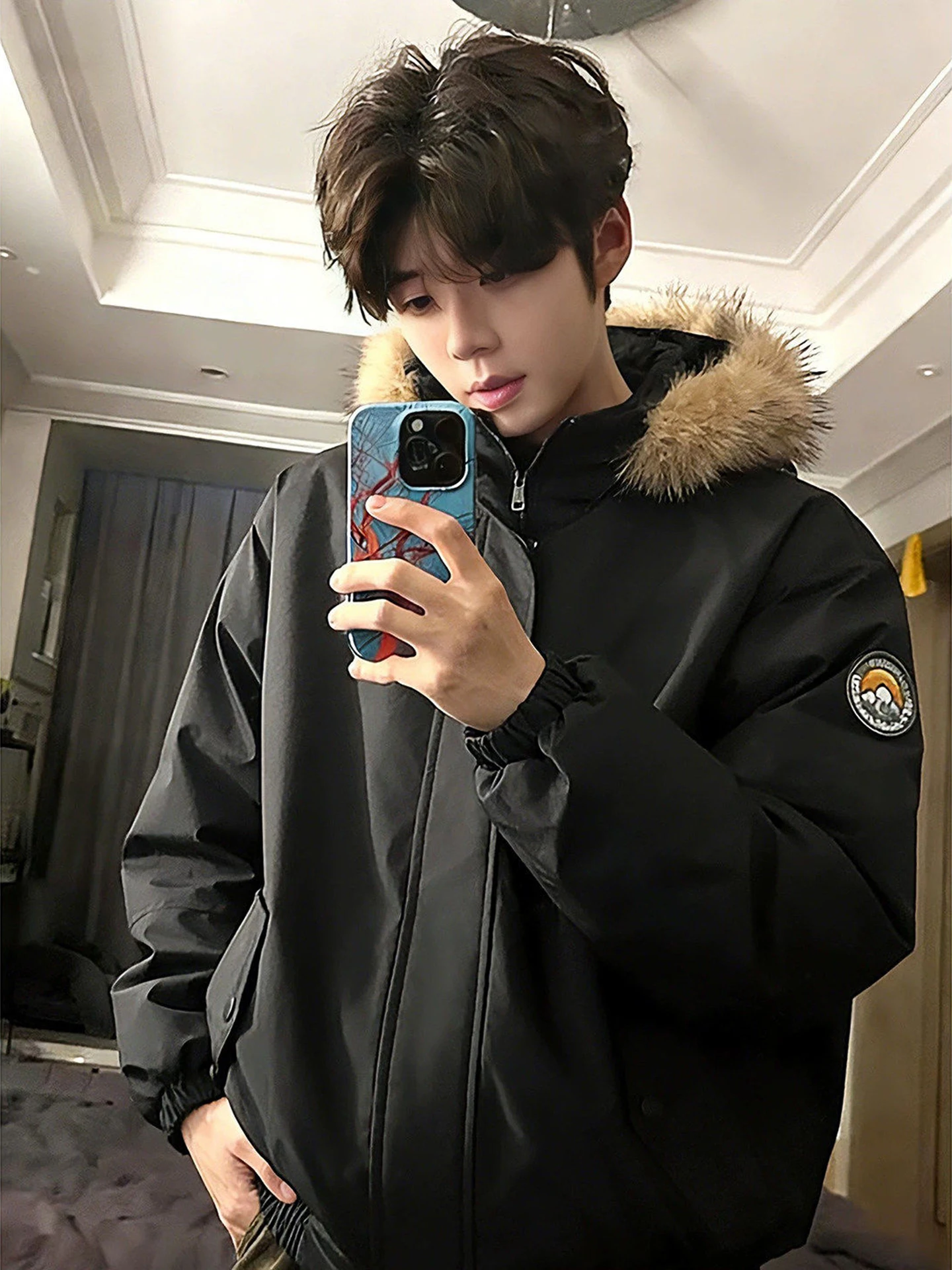 

Men's ort Parka Sle Cotton Jaet Bla Fur Collar Thiened Winter Coat Sli Casual Youth Culture Polyester Fiber