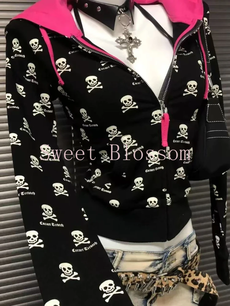 Nový vintage punkový černý lebkový tištěný kardigan pro ženy American Dark Academia Slim Thin Bunda Hign Street Casual Clothes Jarní oblečení - náhled 4