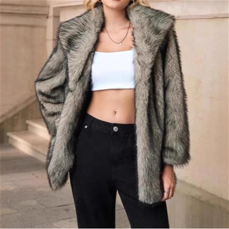 معاطف نسائية من الفرو الصناعي سترات متوسطة الطول بياقة مقلوبة معطف سميك غير رسمي Y2k ملابس الشارع الشهير أنيق للعمل في الخريف والشتاء #1