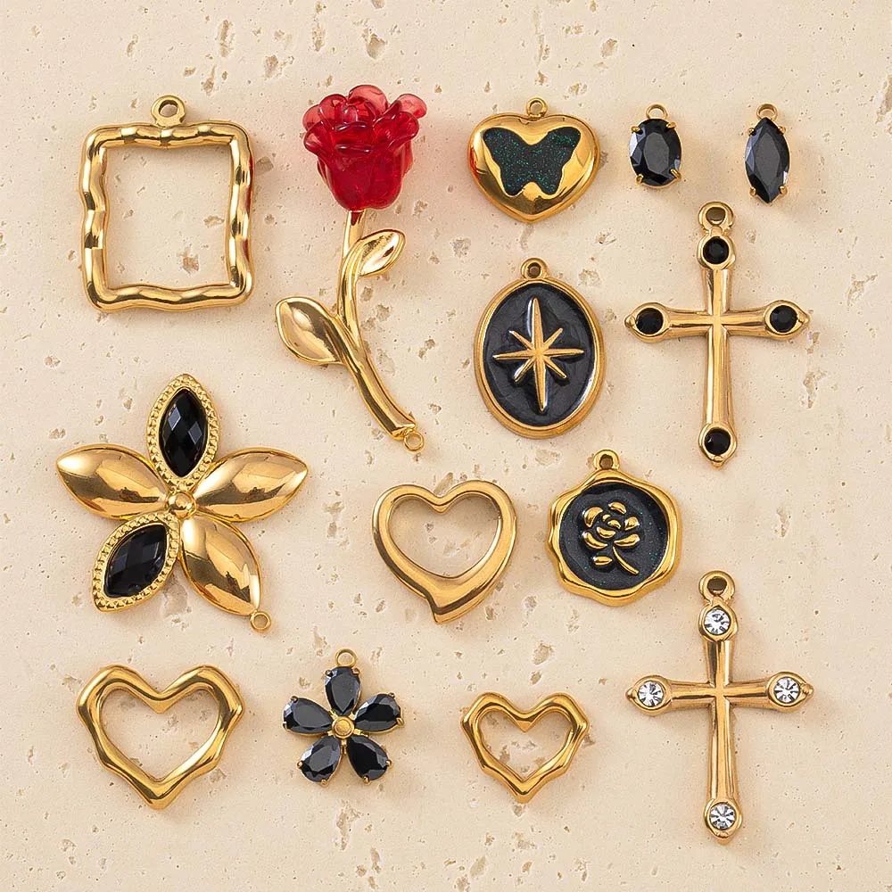 2pcs Stainless Steel Flower Cross Pendants Heart Water Drop Charms Connectors for Jewelry Making DIY Bracelet Accessories Crafts