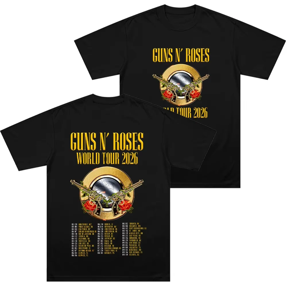Guns N Roses World Tour 2026 T-shirts Rock Band Hip Hop Streetwear Double Spear Rose Graphic T Shirts Trendy Unisex Cotton Top