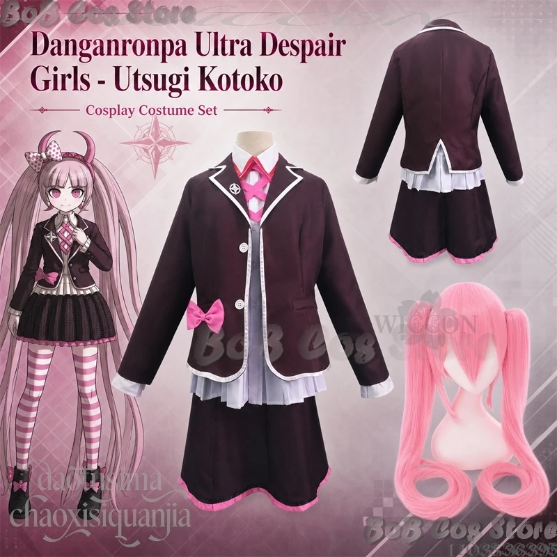 Costume de cosplay Utsugigi Kotoko Danganronpa Ultra Despair, perruque rose Kawaii, robe JK, uniforme scolaire, fête d'Halloween
