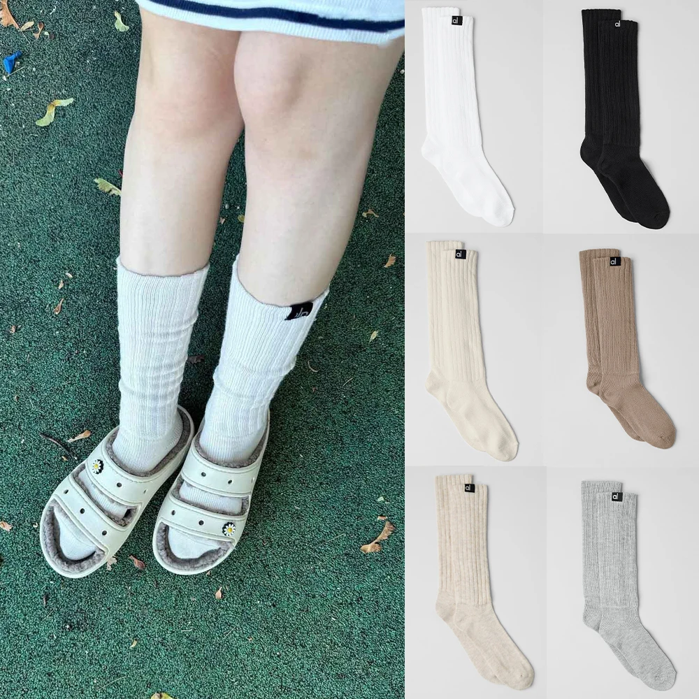 AL Solid Colors Cotton Yoga Socks High Quality Autumn Winter Daily Soft Socks Lady Warm Socks Black White Gray Long Socks