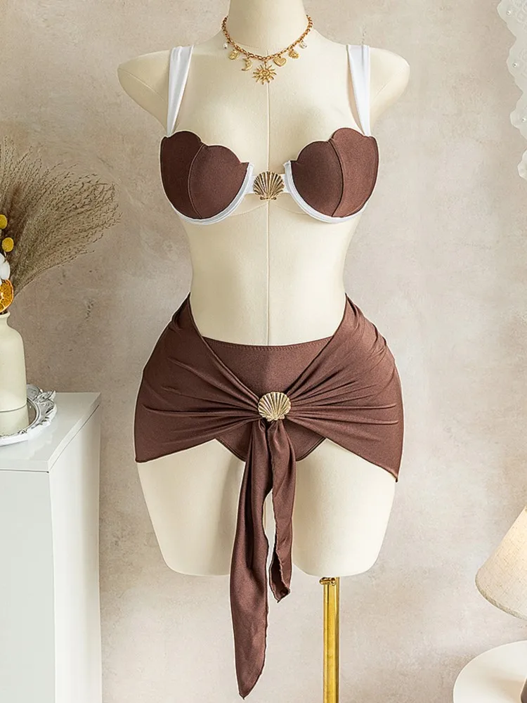 

Bikini Bodysuit Swimwear Women With Skirt Bathing Suit Summer New Ruffle Splice Print Beachwear Holiday Bikini Cover Ups Outfits