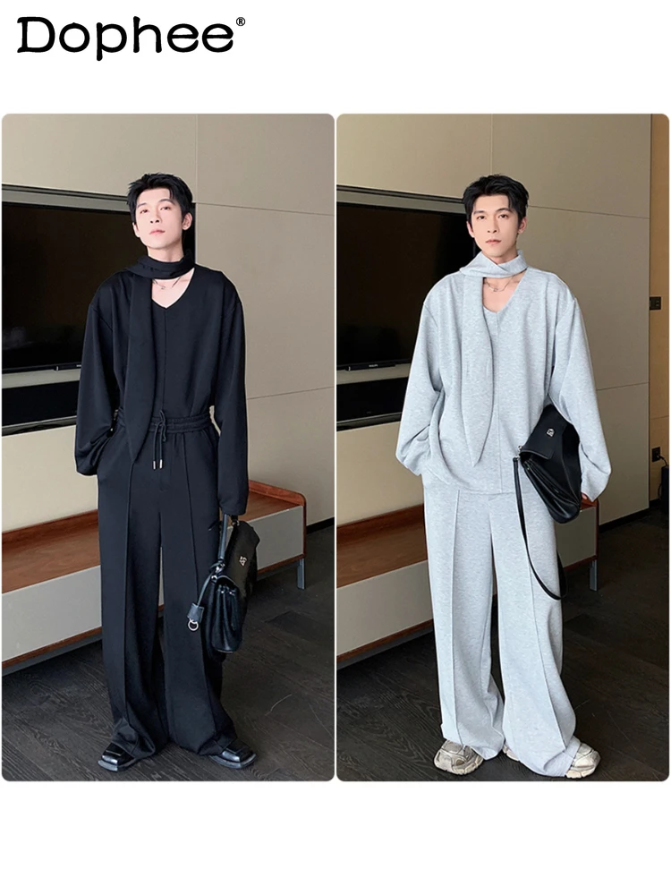 

2025 Men's Spring Autumn New V-neck Solid Color Long-sleeve T-shirt Sweatshirts Trousers Men's Fashion Casual Sports Pants Sets