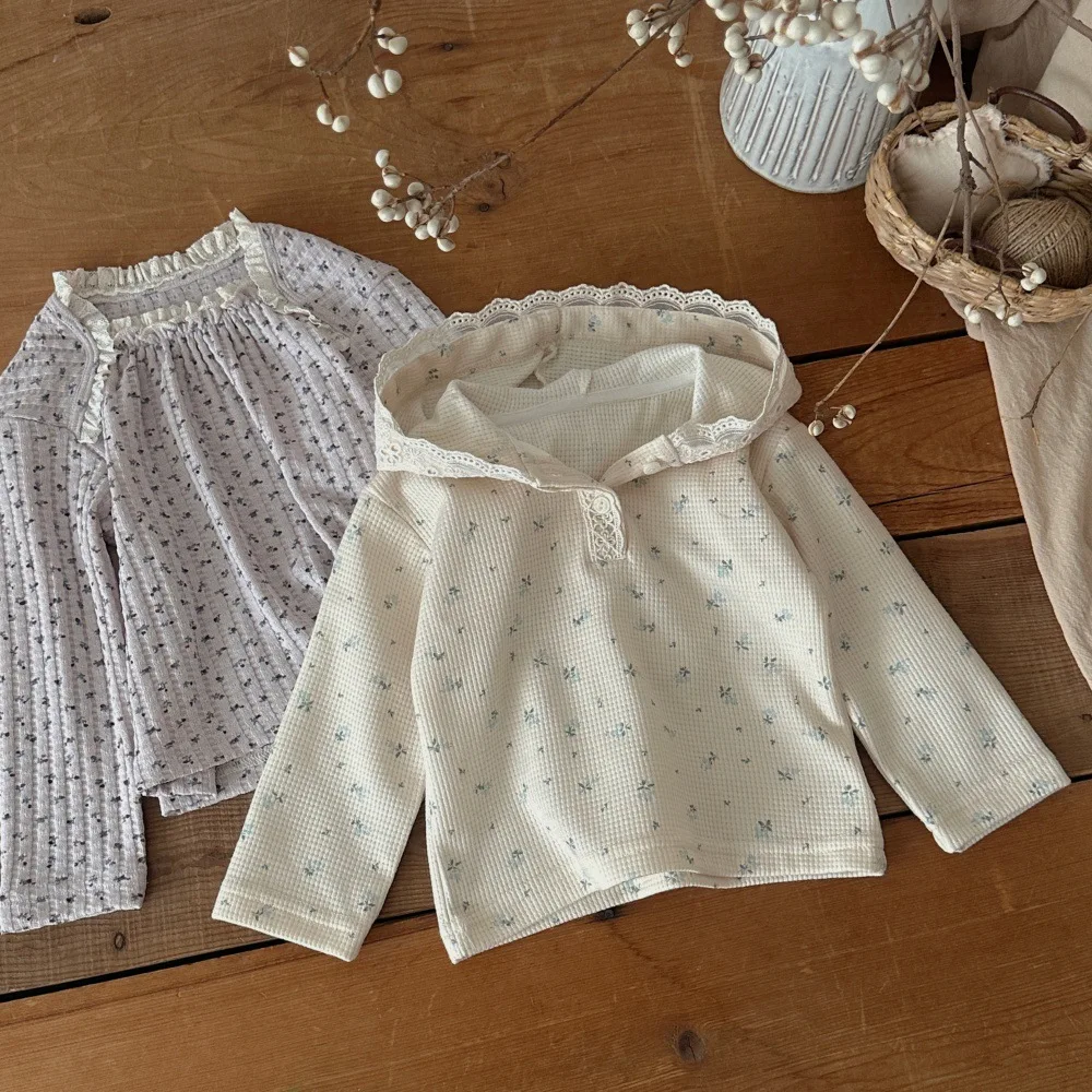 2026 Autumn New Baby Girl Long Sleeve Waffle Bottoming Shirts Girls Cute Lace Floral Hooded Tops Infant Toddler Clothes