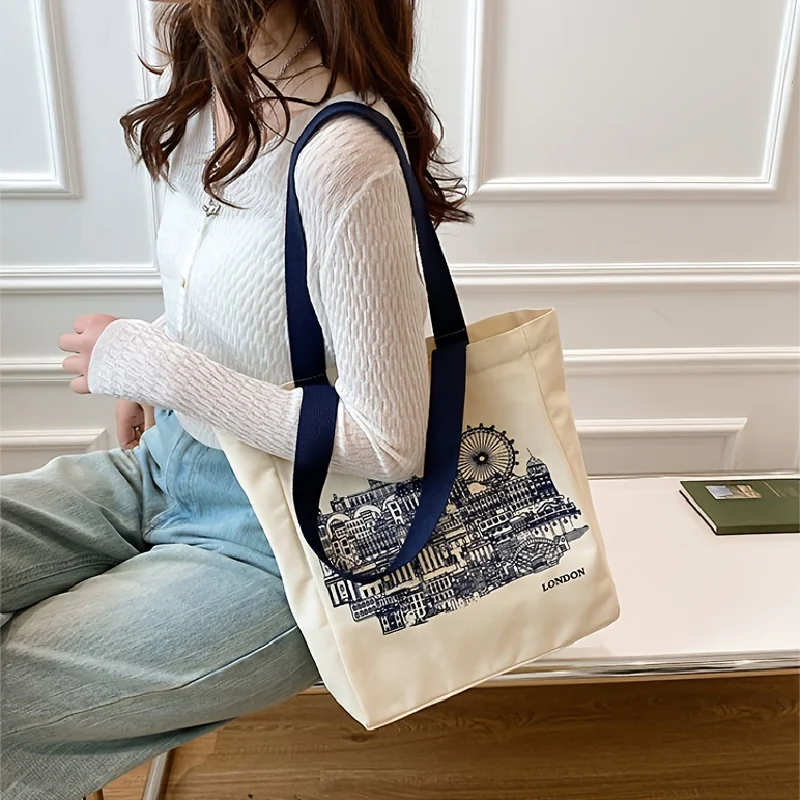 Große London Bookstore Canvas-Tragetasche, stilvolle Damen-Schultertasche im Literatur-Stil, ideal für Buchliebhaber, Studenten und den täglichen Einkauf. – Detail 2