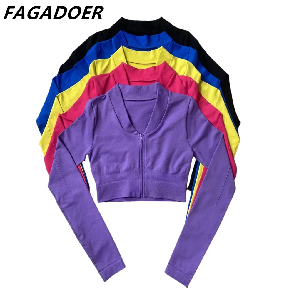 FAGADOER High Quality Sport 2 Piece Sets Zip Outfits Women Long Sleeve Stretchy Crop Top Flare Pants Tracksuits Activewear