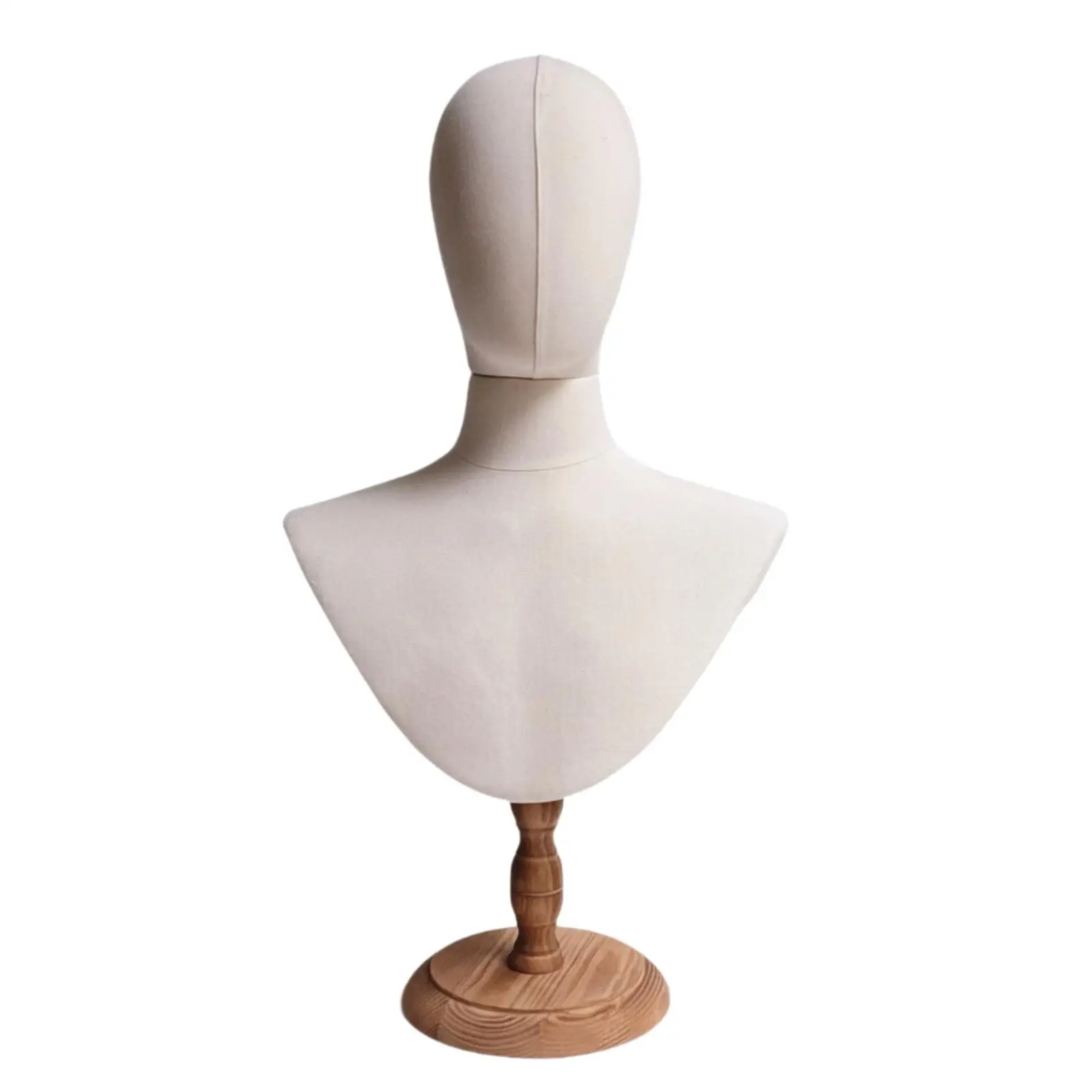 Display Mannequin Head Fabric Bust Stand for Scarf Hat Wig Jewelry Showcase Lightweight Adjustable Wood Base Boutique