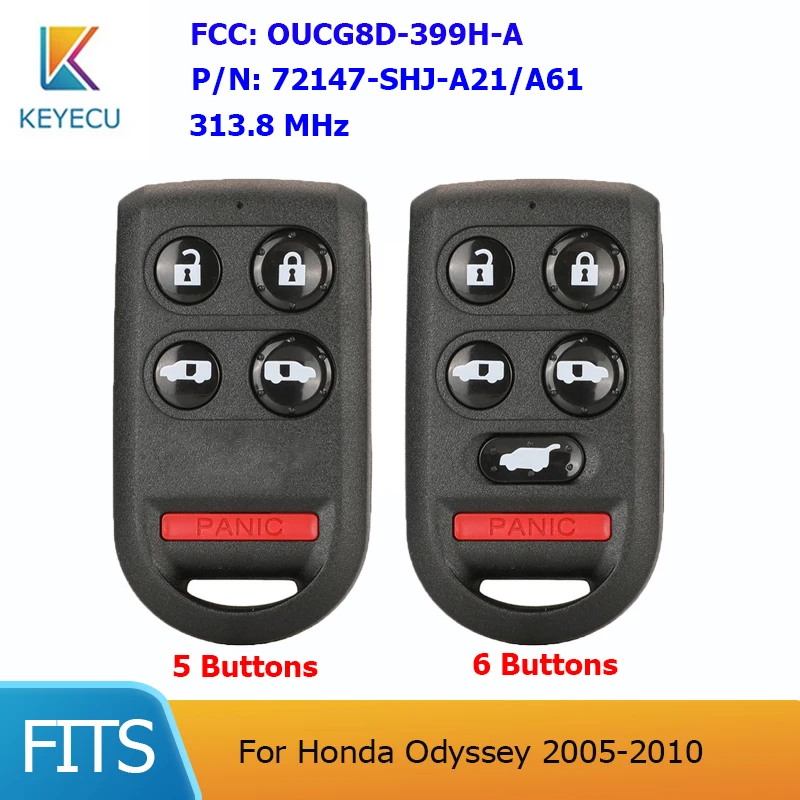 

KEYECU for Honda Odyssey 2005 2006 2007 2008 2009 2010 FCC:OUCG8D-399H-A 5/6 Button 313.8Mhz Keyless Remote Key Fob Transmitter