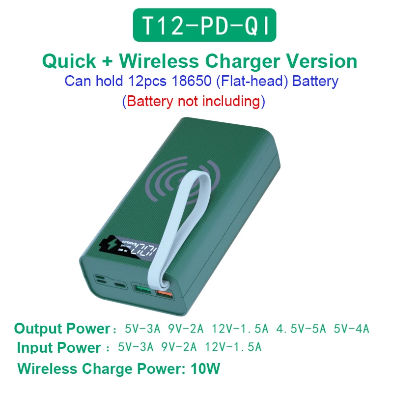 Push-pull Design 12*18650 Battery Charge Power Bank Case Support Quick Wireless Charge Battery Storage DIY Shell With Flashlight