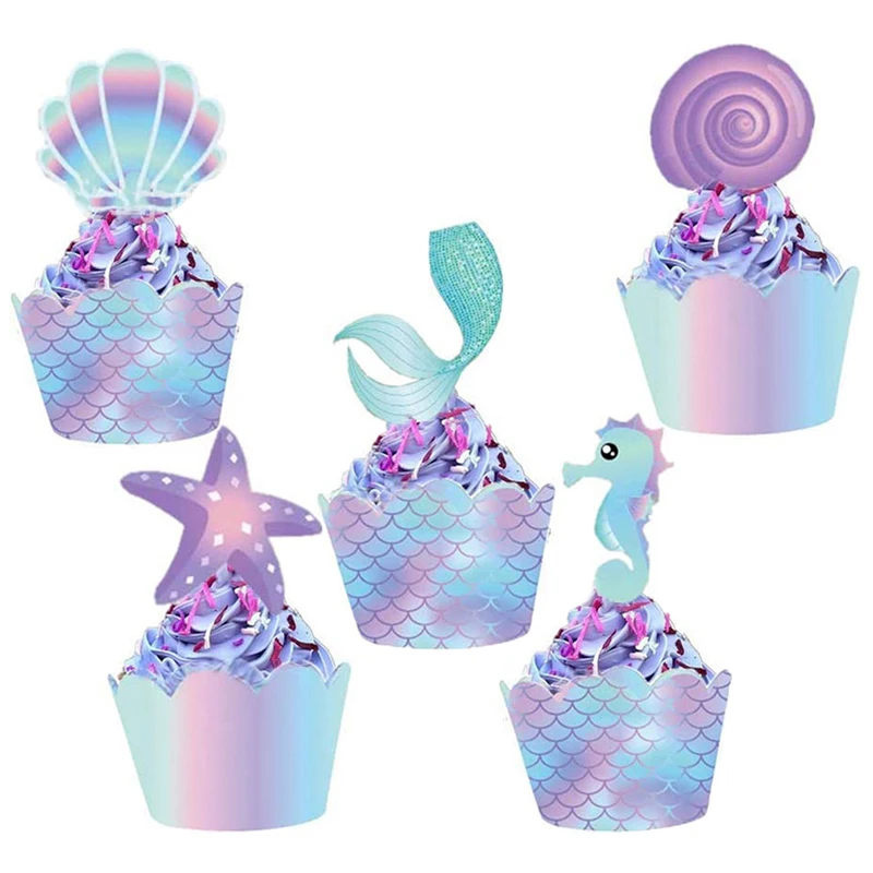 40 Pcs Mermaid Party Cupcake Toppers Wrappers Mermaids Cake Decoration Baby Shower Kids Birthday Party Wedding Decoration