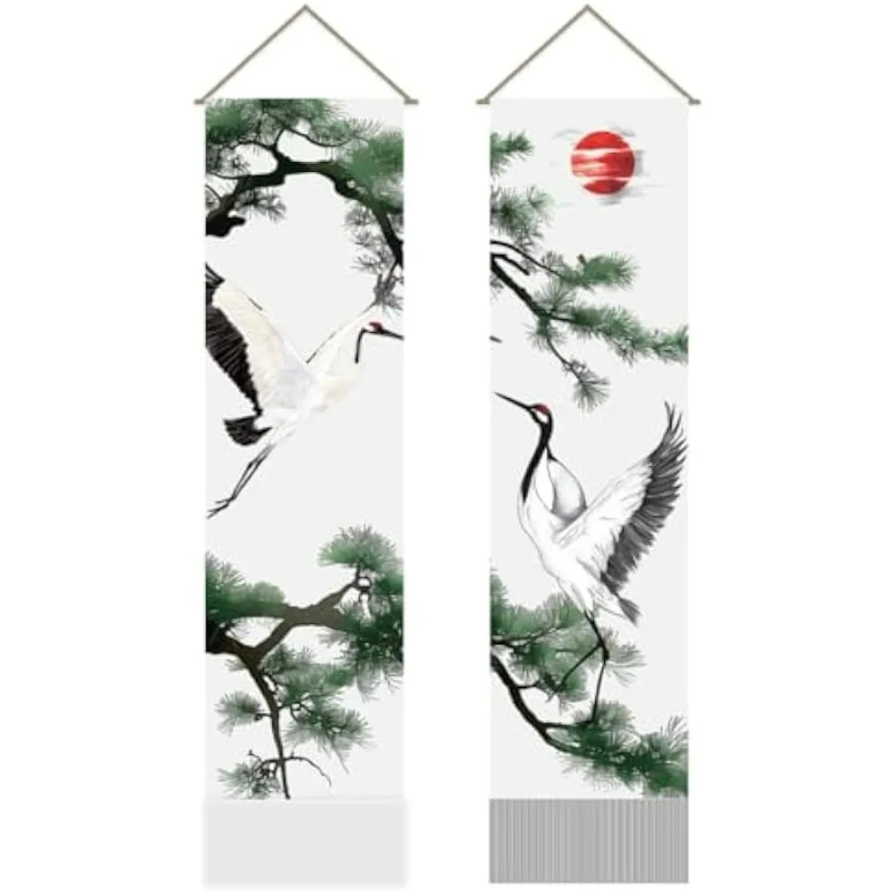 2Pcs Crane and Pine Tapestry, Traditional Eastern Pattern Long Vertical Tapestry Wall Hanging, Crane Tassel Wall Tapestry