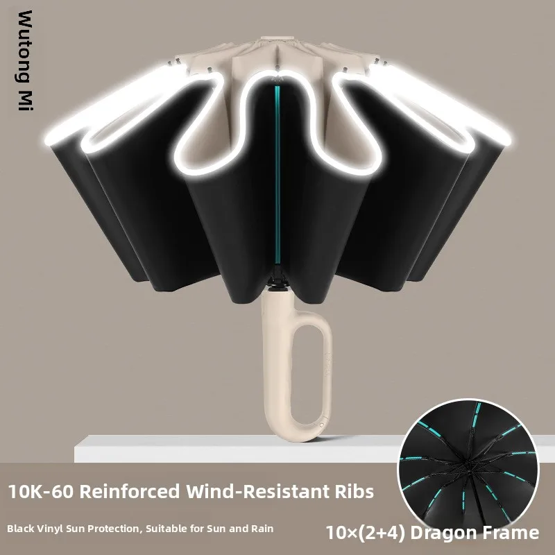 Paraguas Automático con Hebilla de Anillo, Reversible para Hombre y Mujer, Tamaño Grande, Reforzado, Protección Solar, Impermeable, Plegable en Tres Secciones