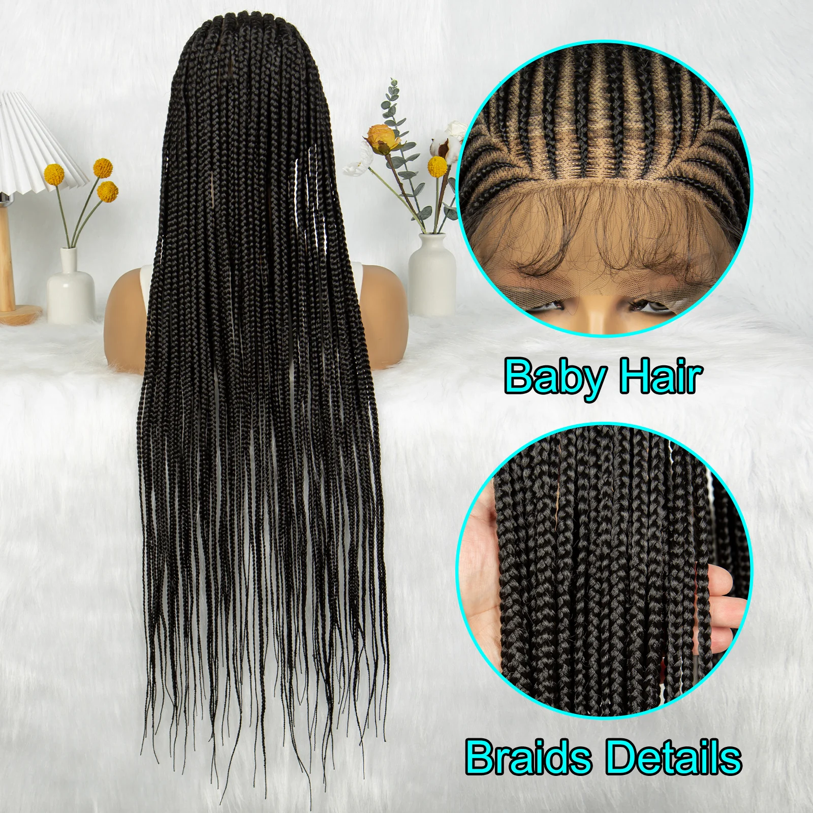 Kima-peruca trançada Cornrow para mulheres negras, perucas cheias de renda, trançado Fulani sintético com cabelo de bebê 36"