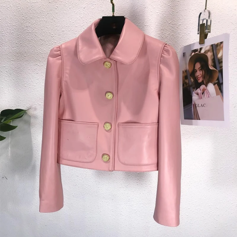 Pink Leather Jacket Women 100% First Layer Sheepskin Lapel Single-breasted Button Female High Street Short Real Leather Jacket