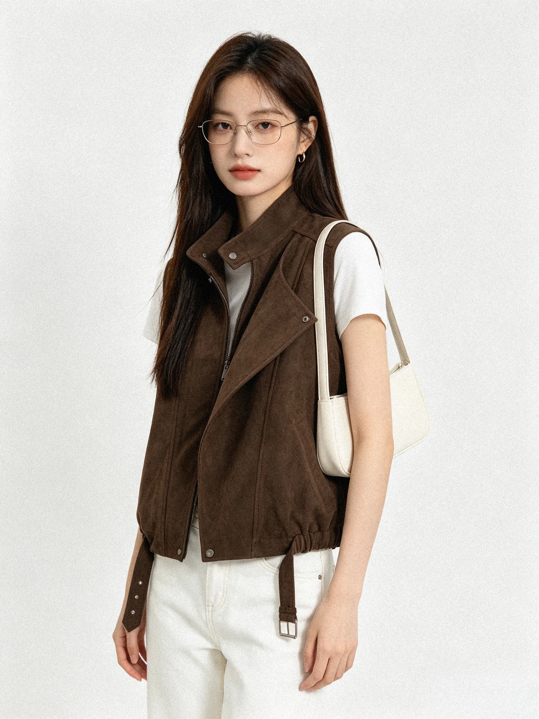 Korean Style Suede Vest Women's Fashion Autumn Motorcycle Style Sleeveless Stand Collar Slimming Cool Outerwear Coat