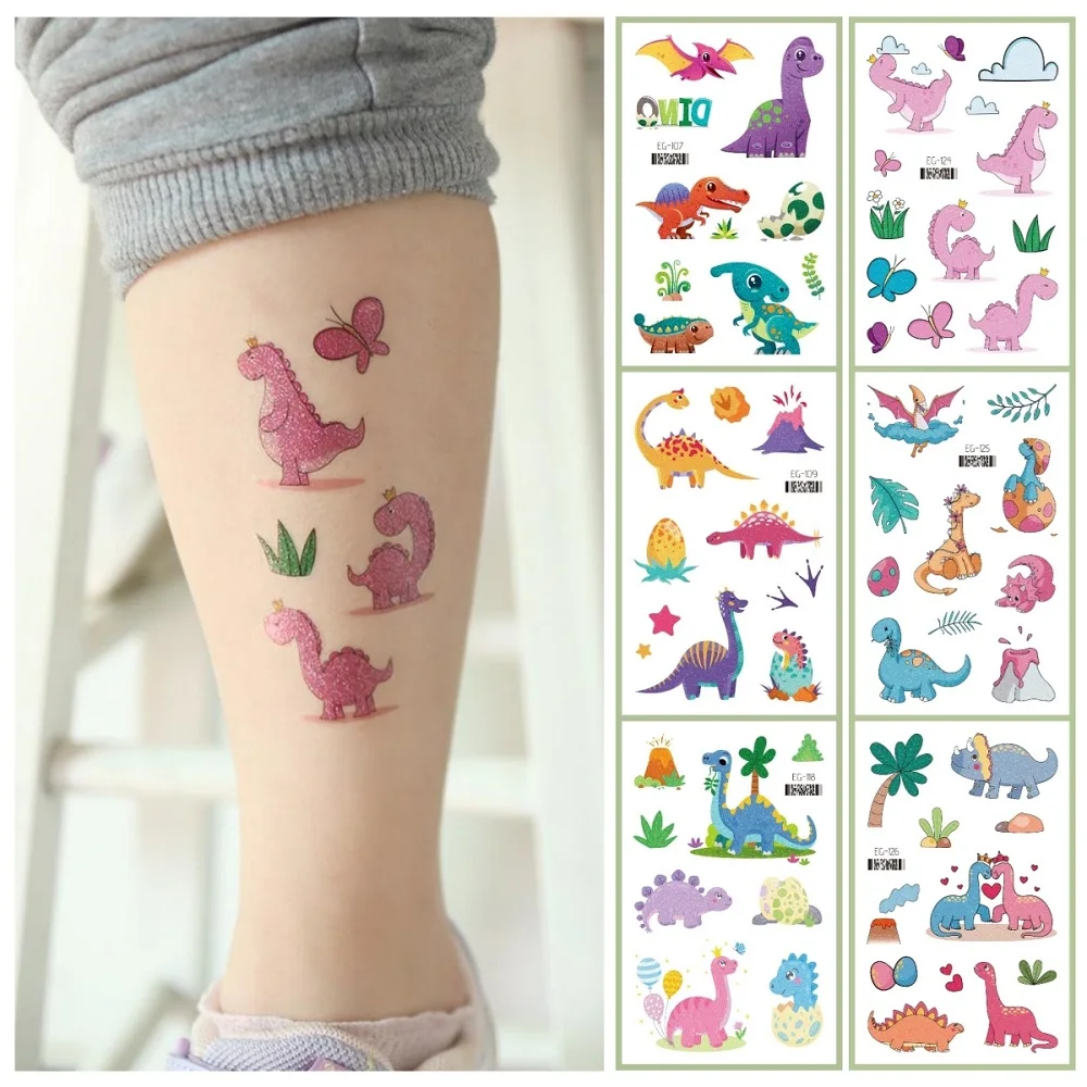 Cute Dino Glitter Temporary Tattoo Kids Cartoon Dinosaur Sticker Disposable Children Gift Party Make Up tatouage temporaire