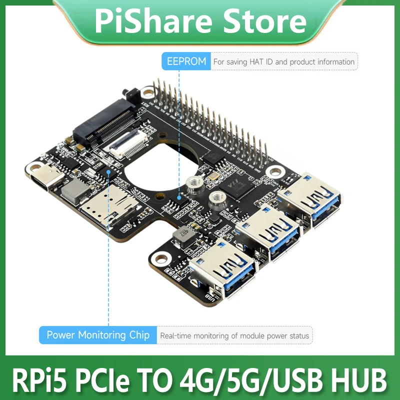 

Raspberry Pi 5 PCIe to M.2 4G/5G USB 3.2 HUB For SIMCom Quectel 4G/5G Modules PI5