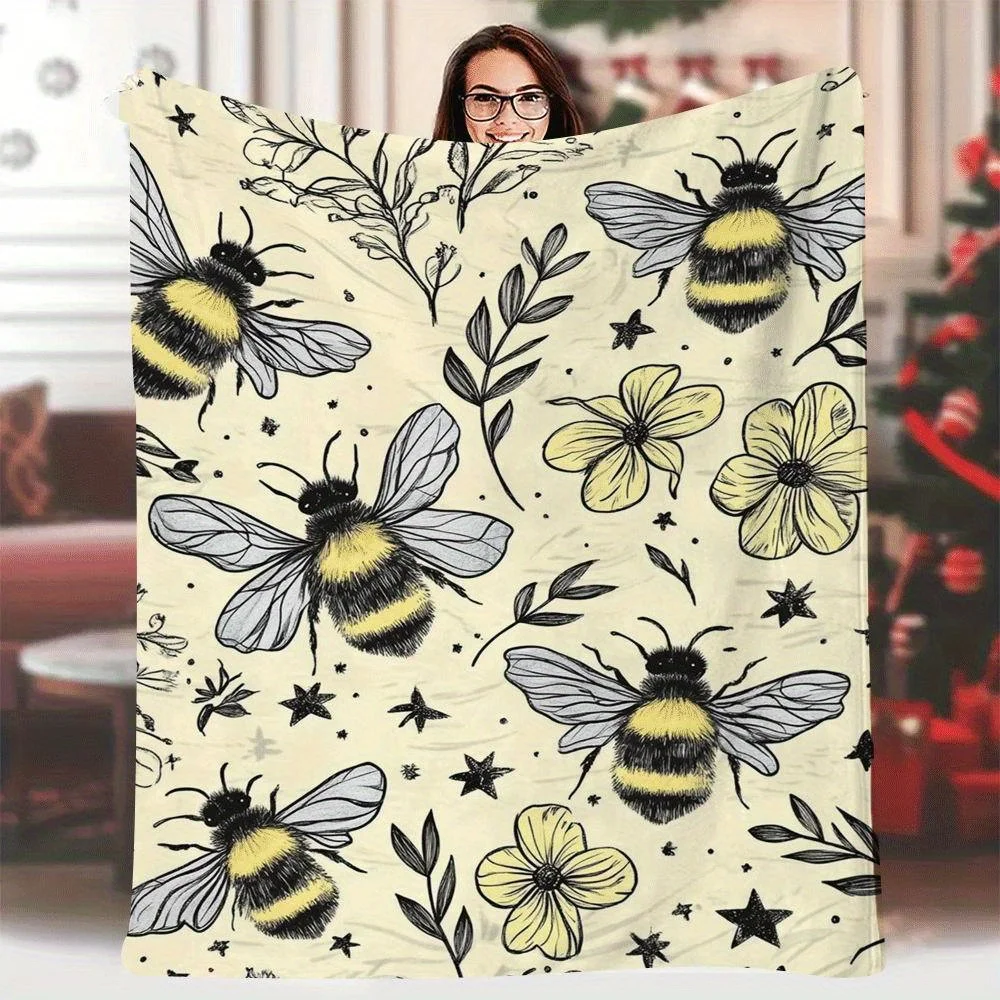 1 manta vintage con estampado floral y abeja, 60 x 80 pulgadas, tela acogedora con diseño amarillo, blanco y negro para siesta, acampar, viajar