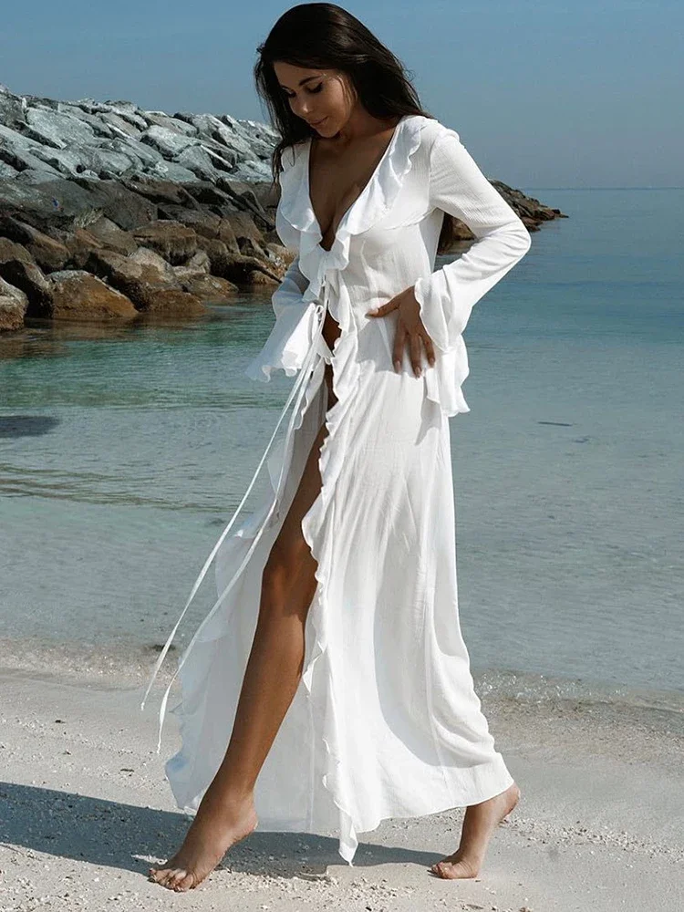 BWQ Ruffle Bikini Cover-Ups Women Beach Cover Up Elegant Long Sleeve Lace Up Summer Solid Fashion Female Holiday Beachwear