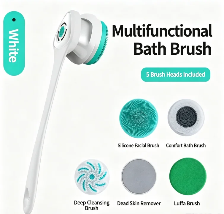 Waterproof Electric Massage Shower Brush Multifunctional Long Handle Back Scrubber Facial Cleansing Device For Bathroom Use