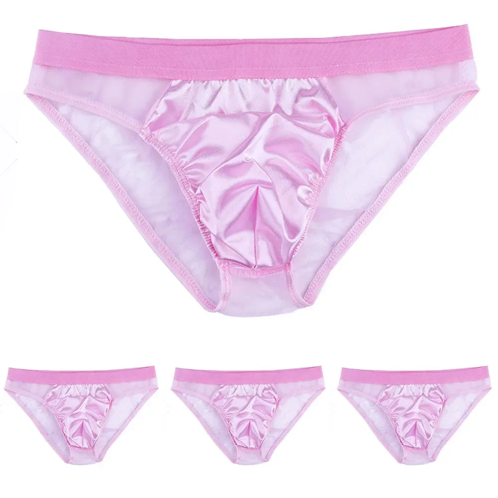 Sexy Men Sissy Panties Mesh Satin Pink Briefs Sexy Perspective Panties Man Low Waist Breathable Bikini Convex Pouch Underpants