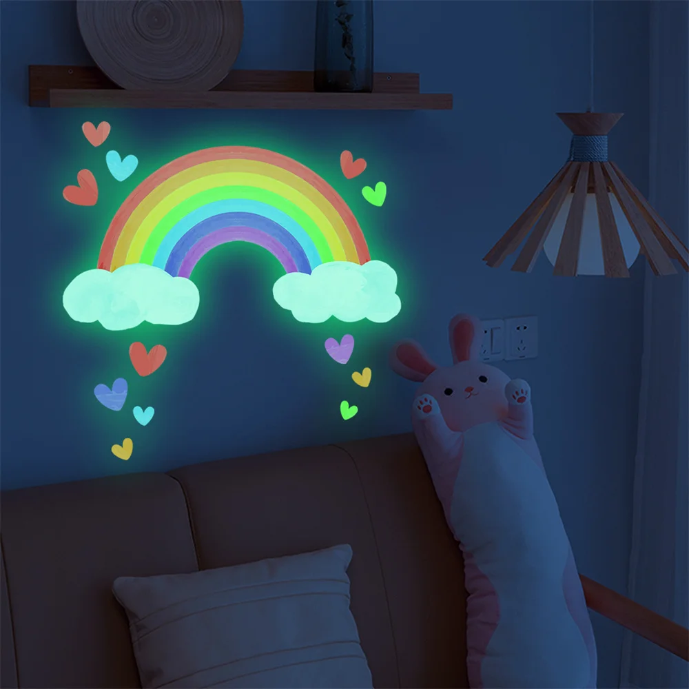 Cartoon Rainbow Luminous Wall Stickers Glow In The Dark Fluorescent Cloud Heart Wall Decal For Baby Kid Rooms Nursery Home Decor