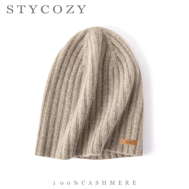 Premium Unisex 100% Cashmere VerticalRibbed Slouchy Beanie, Solid Color Soft Warm Winter Skull Cap for Daily Commute & Shopping