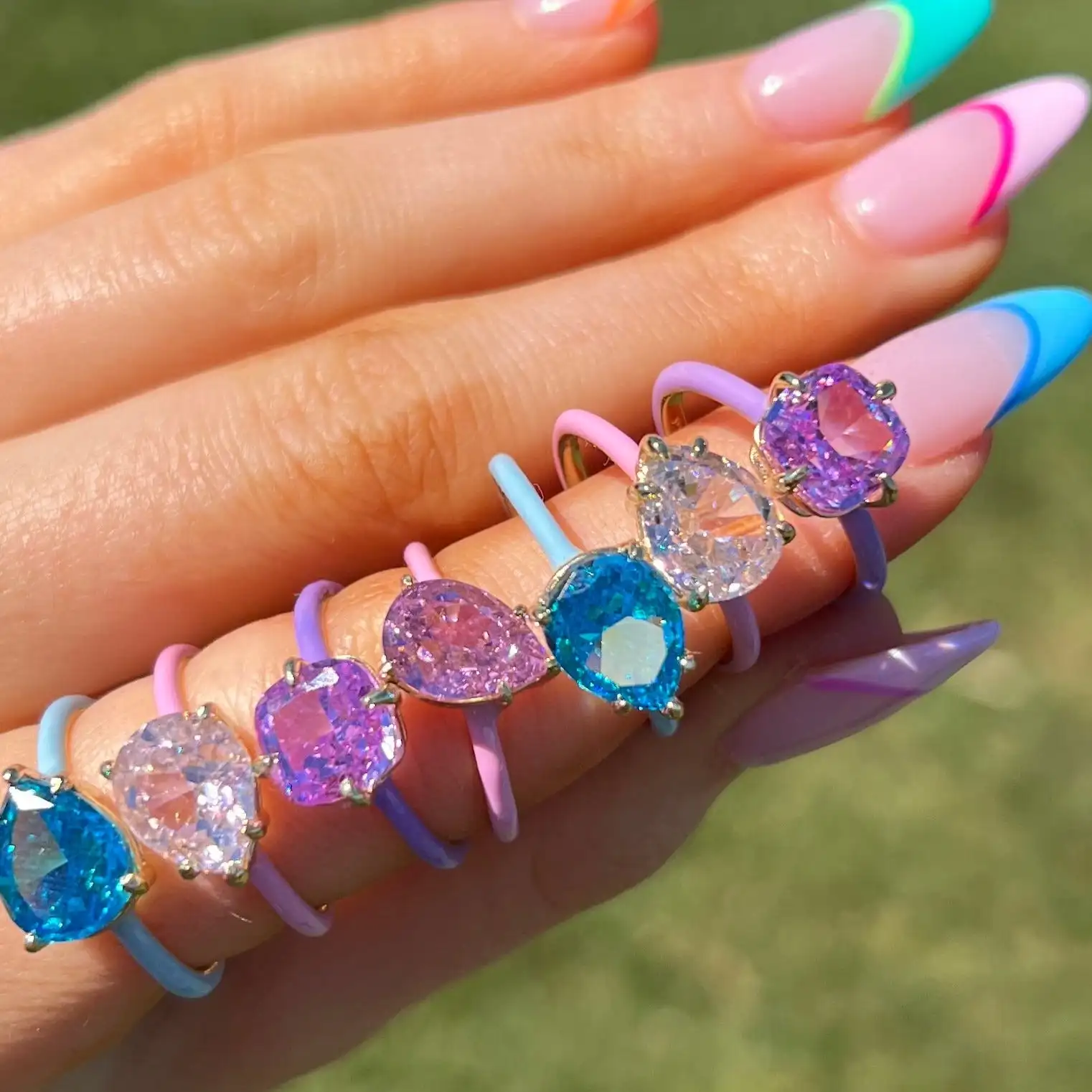 Pastel Enamel Geometric Tear Drop Bright Birthstone Colorful Engagement Wedding Band Ring For Women 2022 New