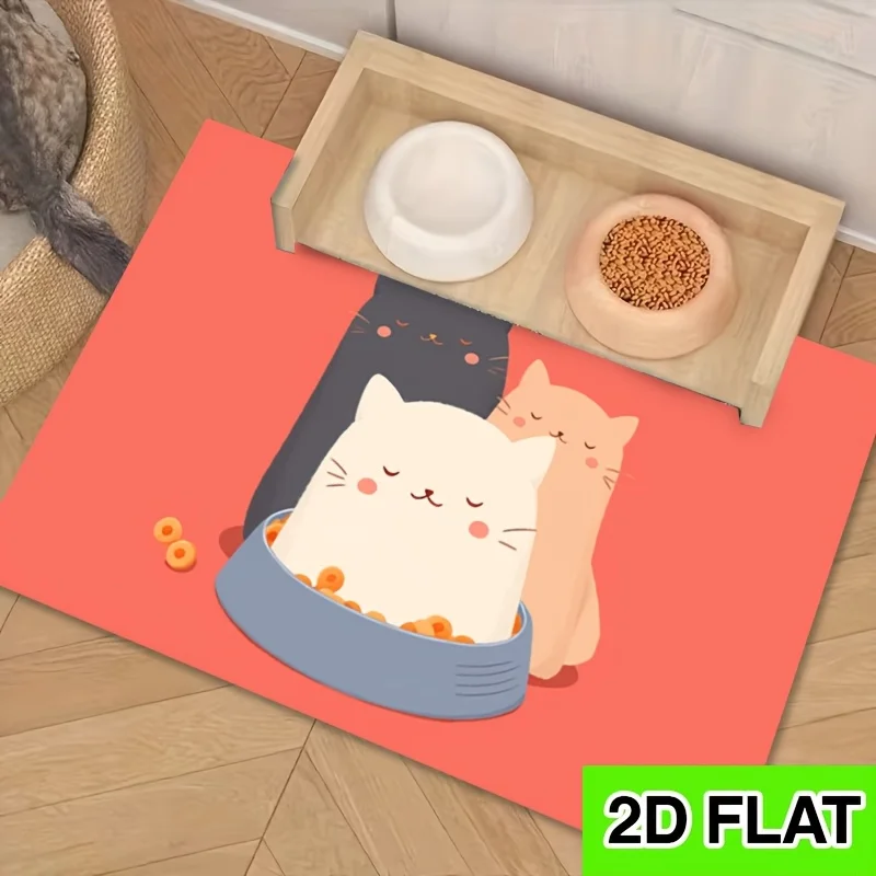 1 unidad + Tapete rectangular para alimentar mascotas con diseño de tres gatos rodeando un tazón de comida, patrón gris, blanco y naranja, fácil de limpiar