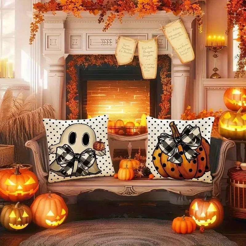 1pcs Halloween checkered pumpkin ghost throwing pillowcase set,used for sofas, bedrooms,Halloween ghost pumpkin design