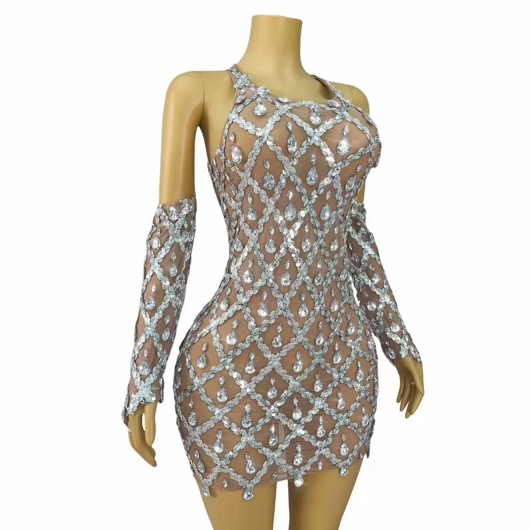 فستان شبكي شفاف بدون أكمام للنساء ، أحجار الراين الفضية اللامعة ، زي تصوير مثير ، حفلة مسائية ، عرض النادي ، المسرح ، الفخامة