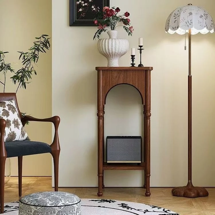 Retro entrance table, black solid wood, narrow side against the wall, storage table