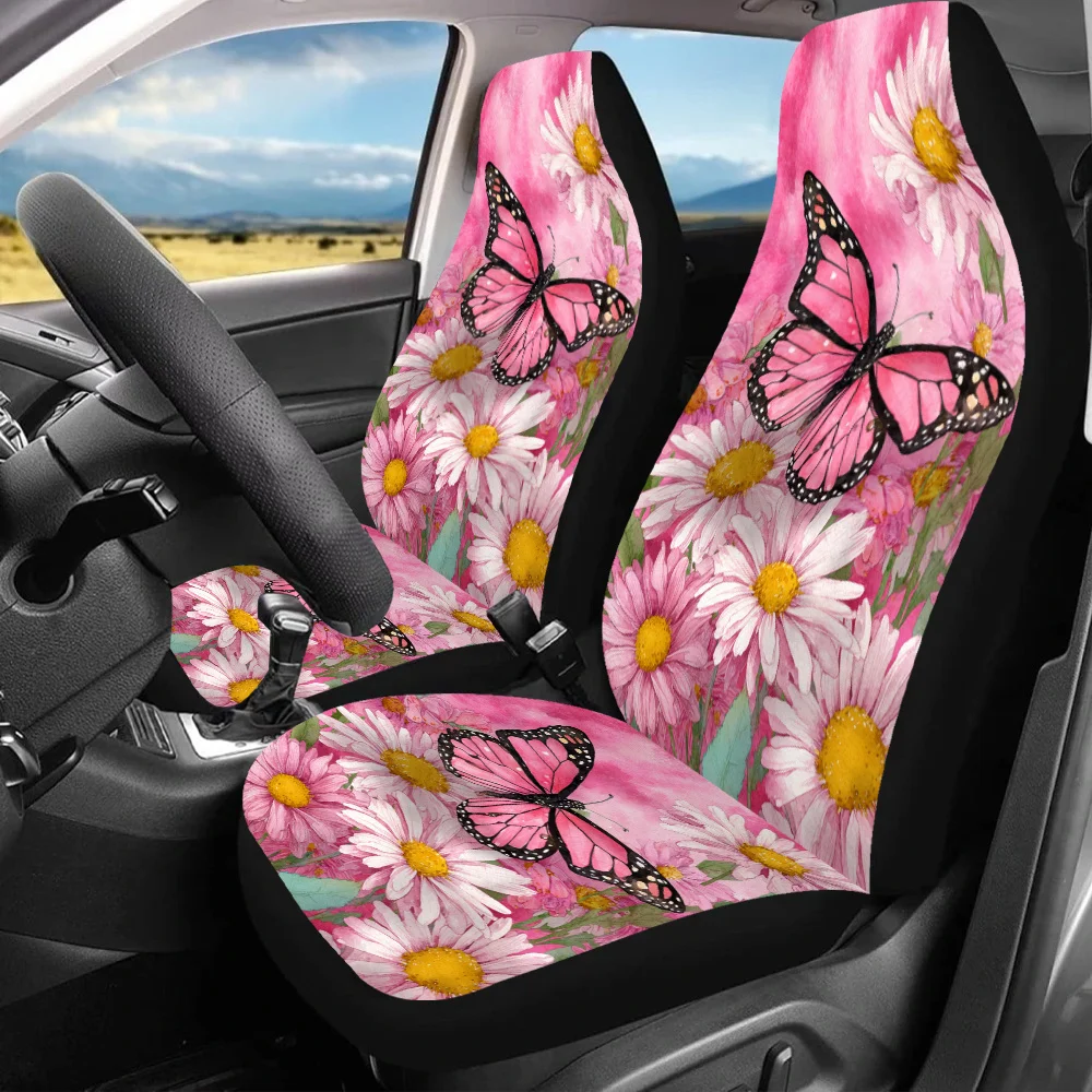 

2pcs Butterfly Blooms Print Car Seat Covers - Vibrant Pink & Floral Design, Durable Polyester, Fit For Cars, SUVs, Sedans, Enhan